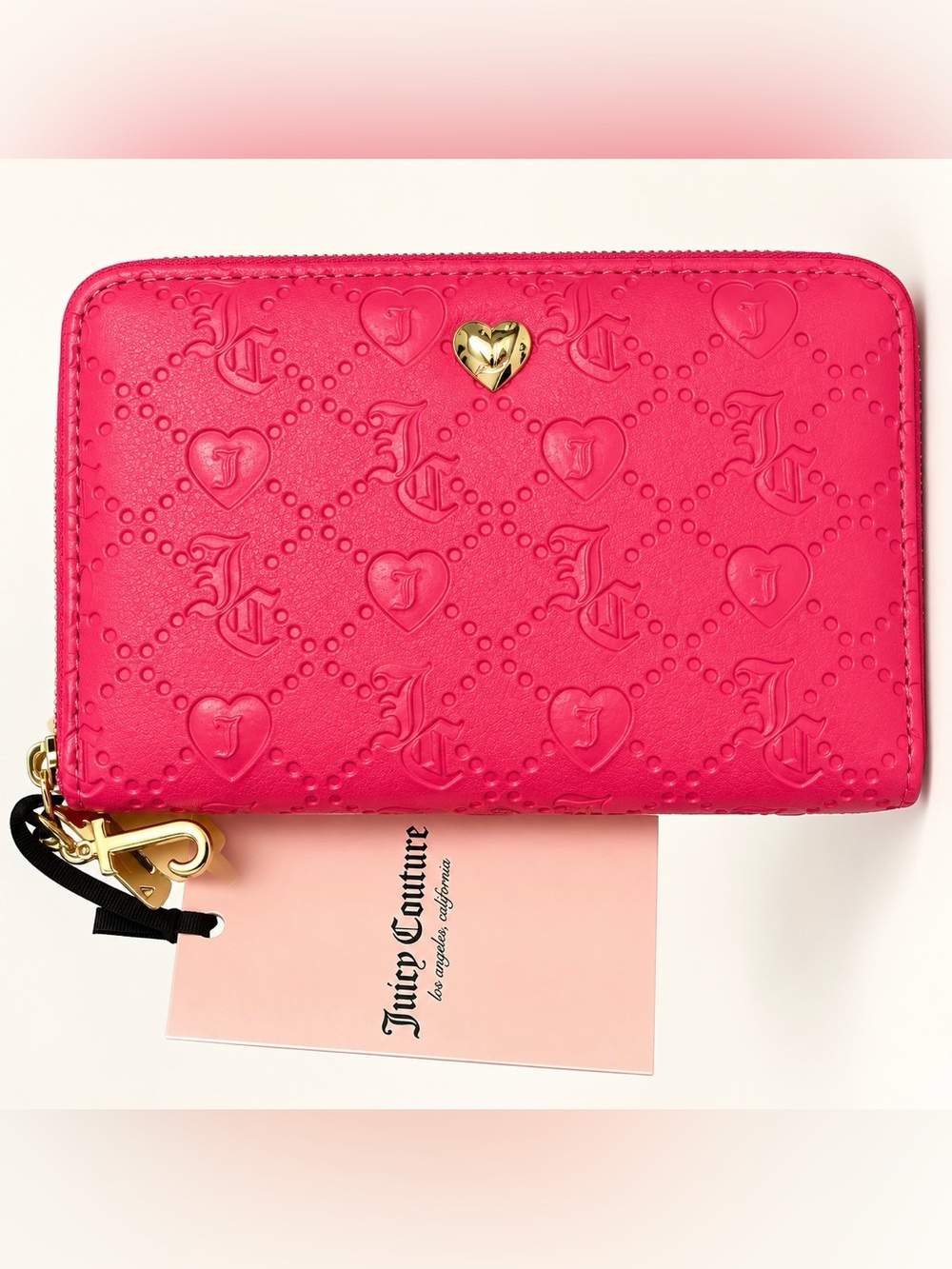 Juicy Couture Fuchsia Embossed Heart Zip Wallet with Gold Heart Accent